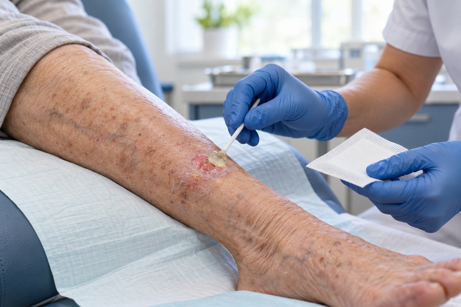 Healthcare worker in blue gloves applies a wound dressing to a small sore on an elderly patient's forearm during a clinic visit.