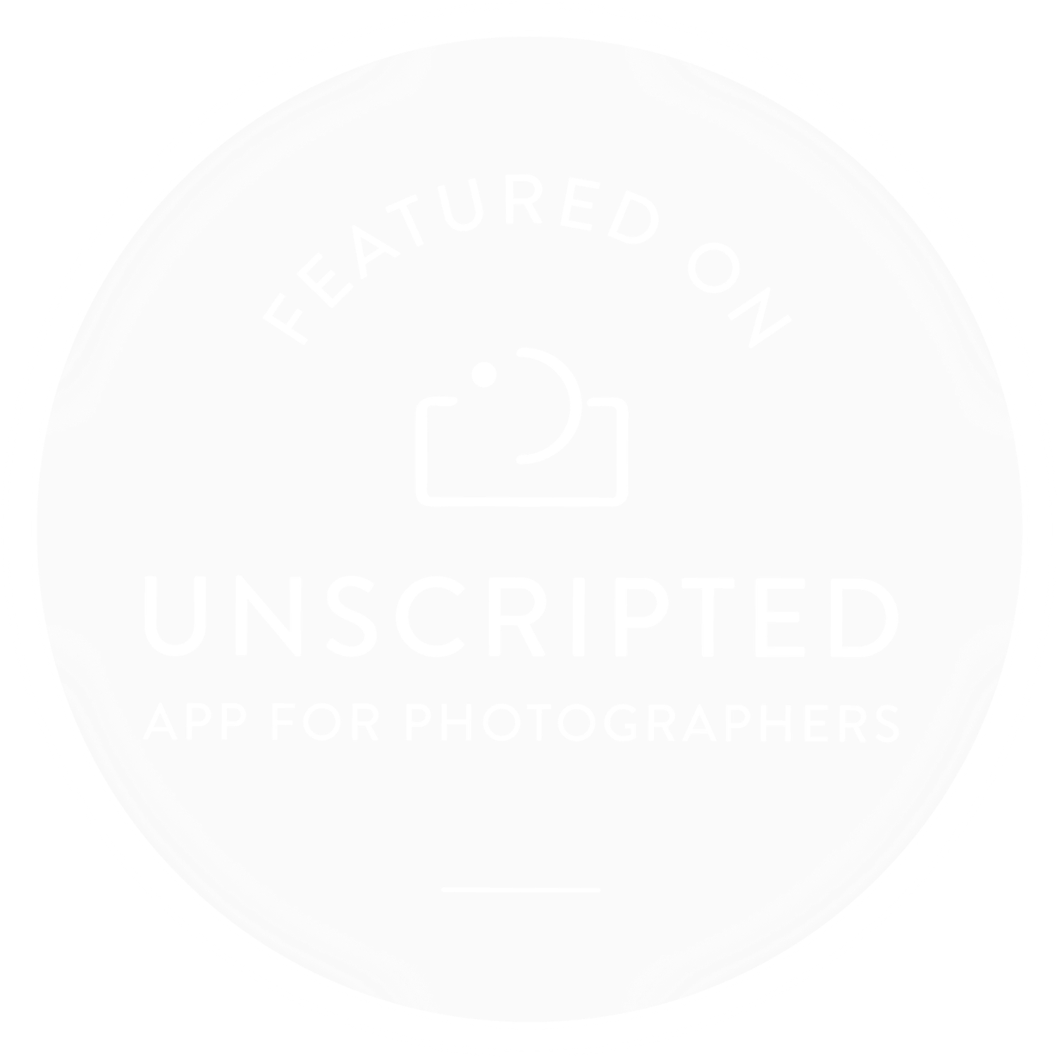 Featured on Unscripted badge for top photographers, displayed in light gray circular emblem.
