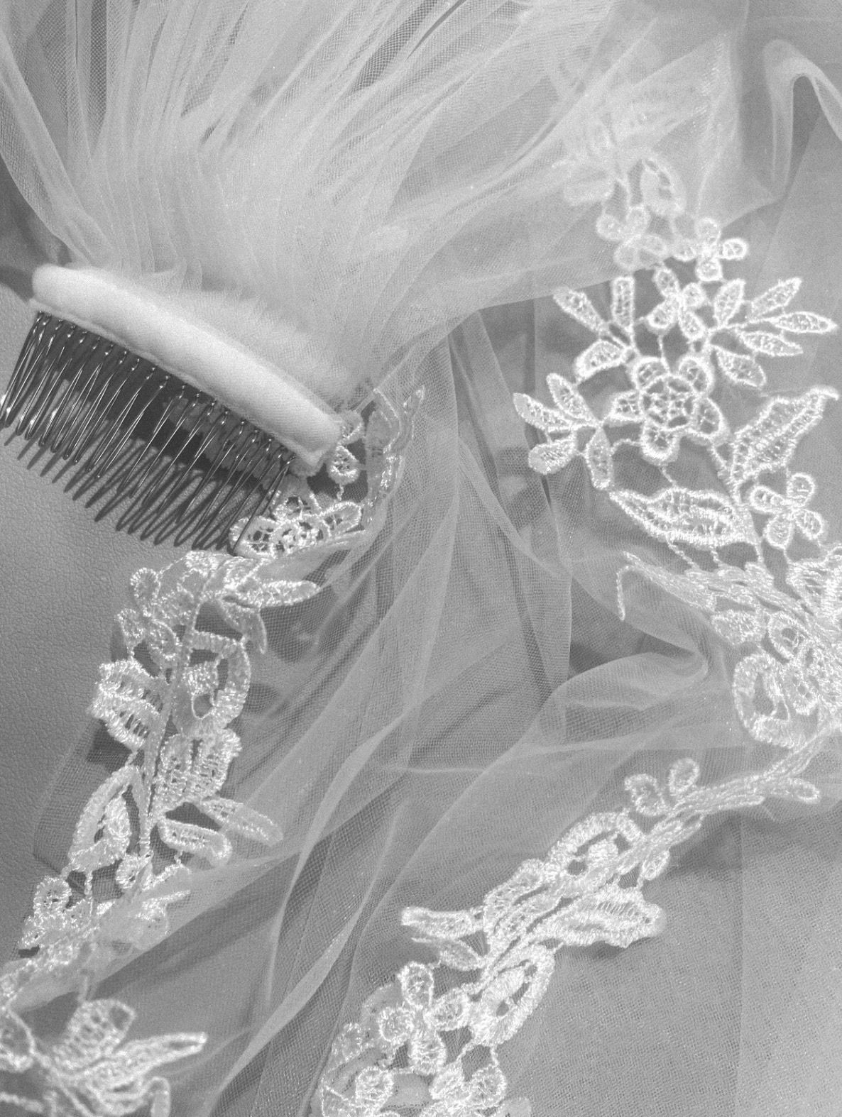 Silver clip short veil with embroidered lace around the edges in white. Bridal veil.