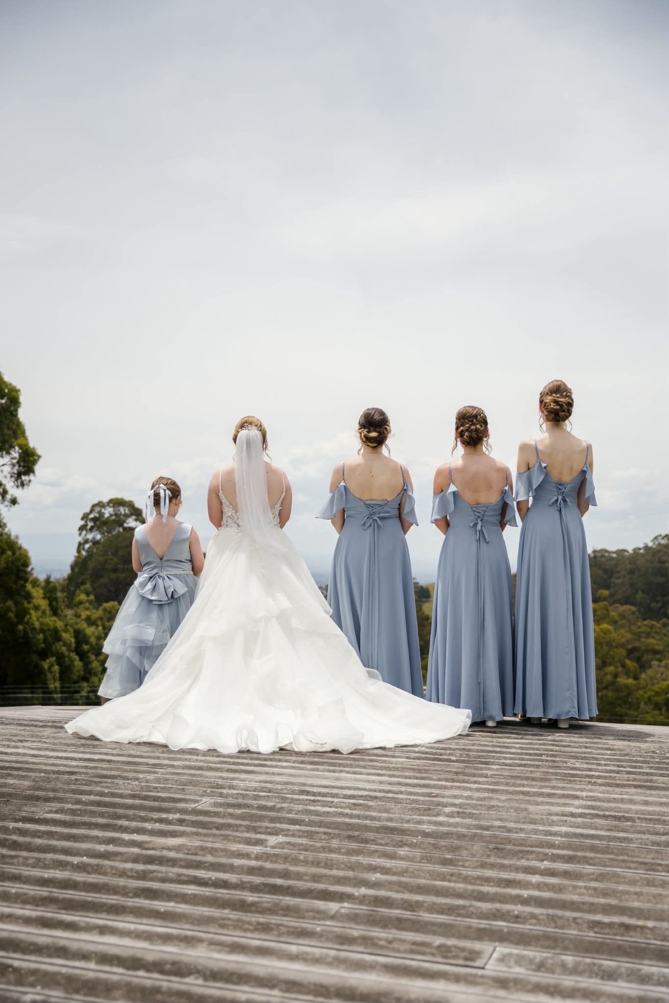 Bridal party looking over farm yard views, long thick brunette hair in structured low buns with plaits on either side for a boho look