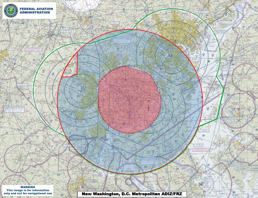 FAA map of Washington, D.C. airspace showing the inner 0–15 mile Flight Restricted Zone in red and the outer 15–30 mile Special Flight Rules