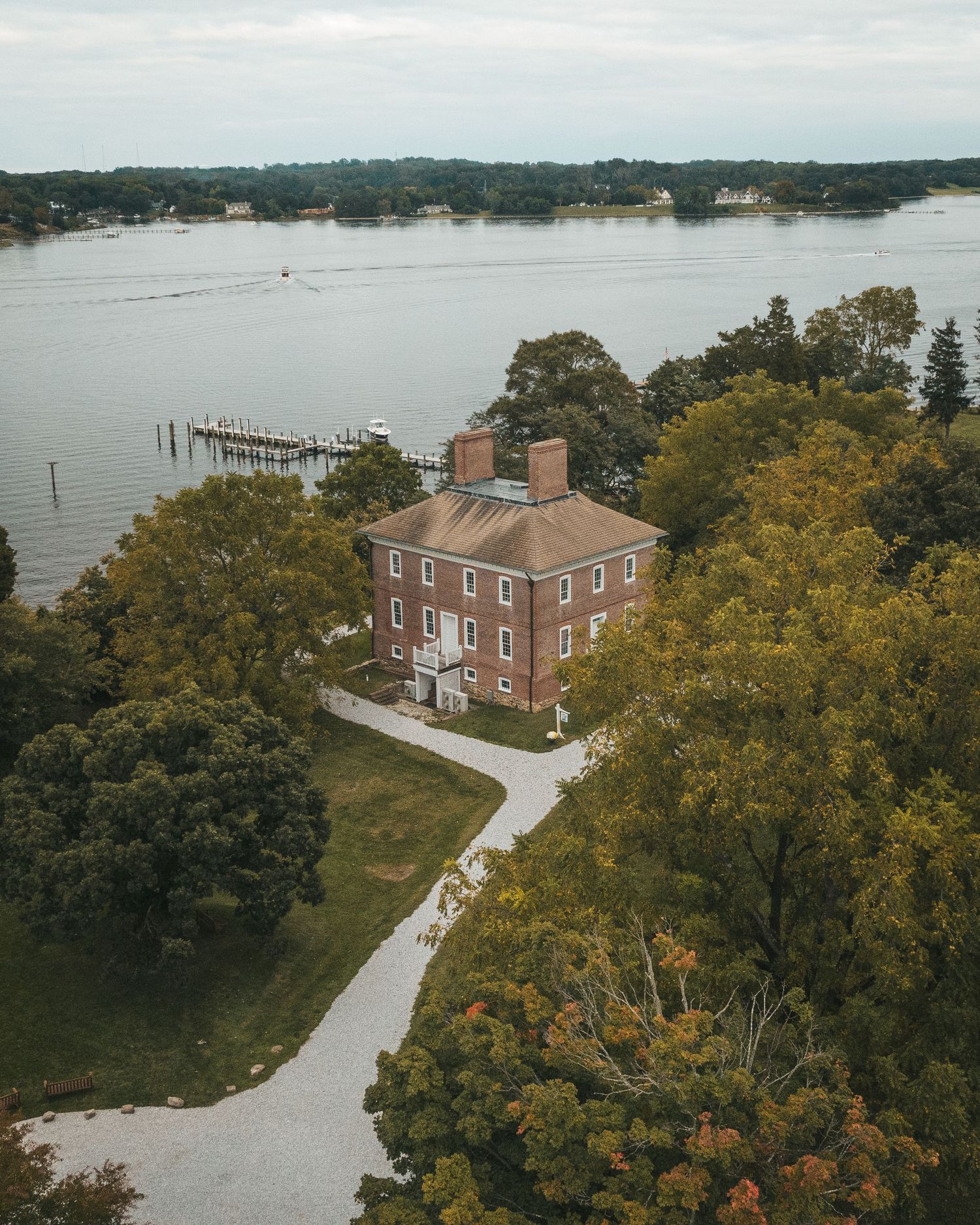 Aerial view of a building located on the wedding venue grounds.