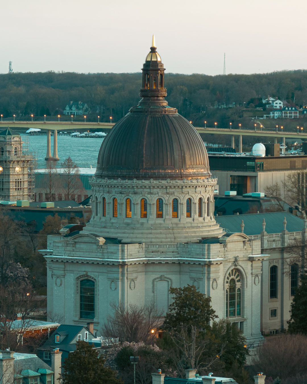 Aerial view of the Navy Chapel building framed by surrounding city streets.