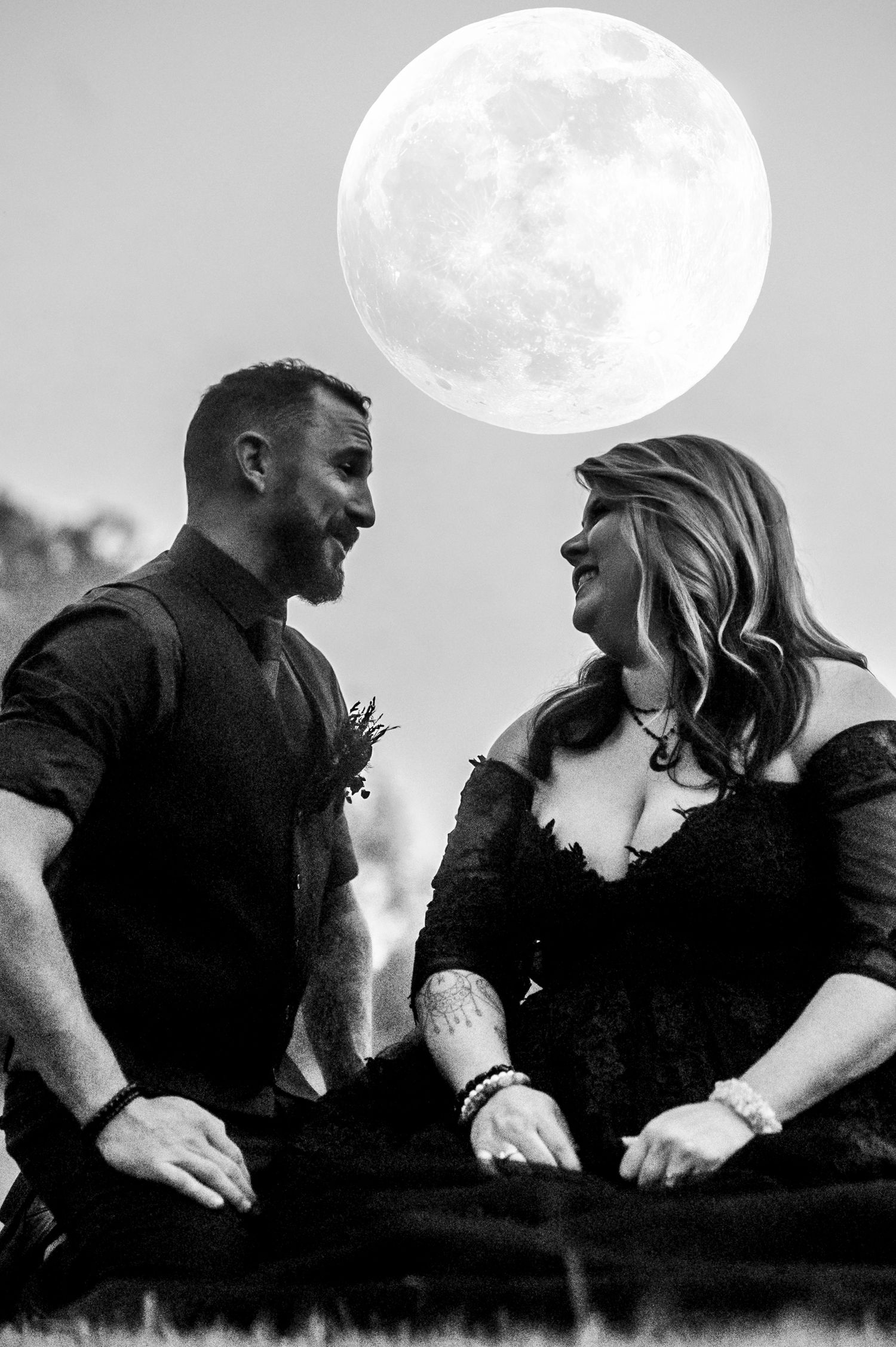 A romantic couple silhouetted against a full moon in a series of black and white photographs showing tender moments.