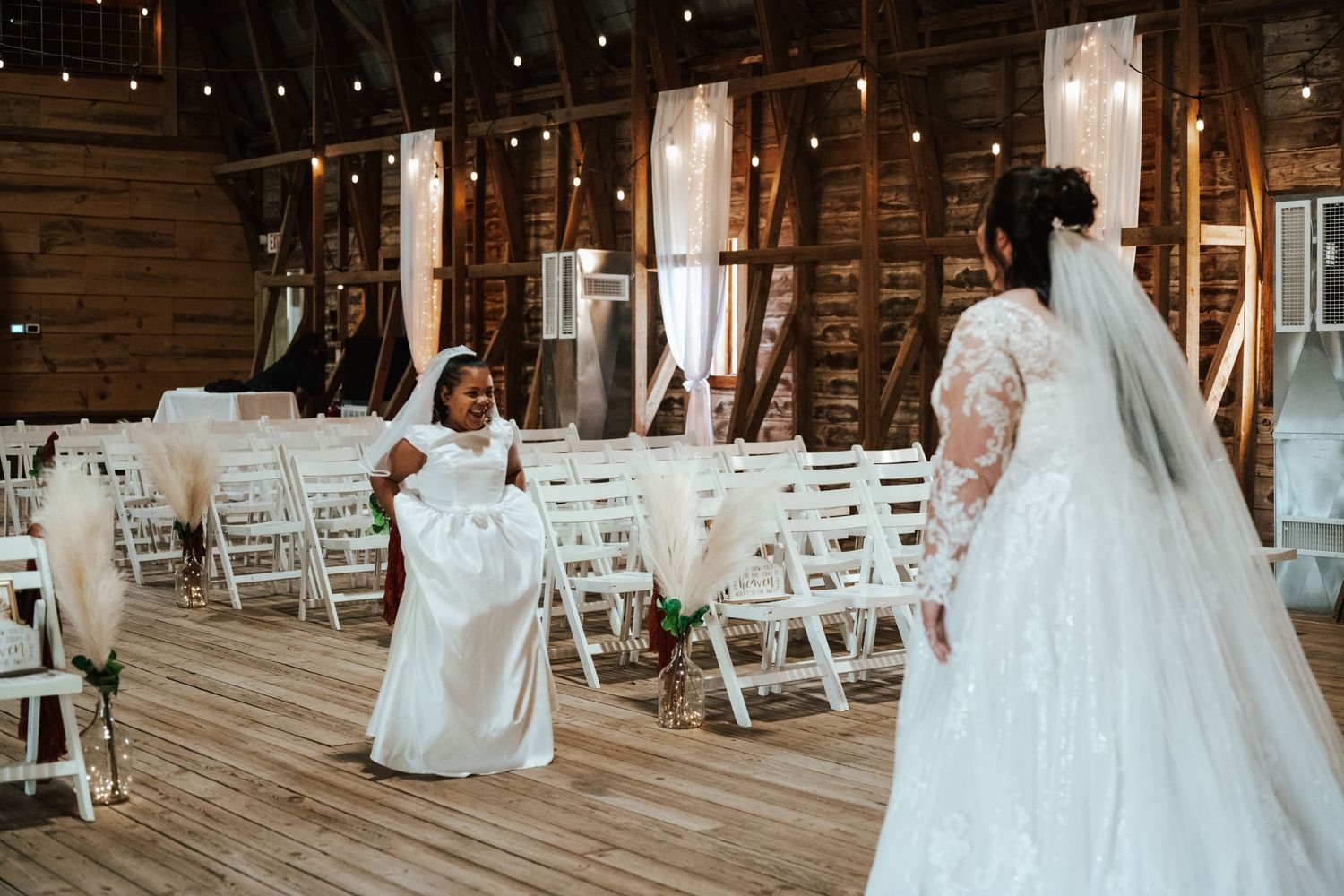 A bride and her daughter in a first look moment.