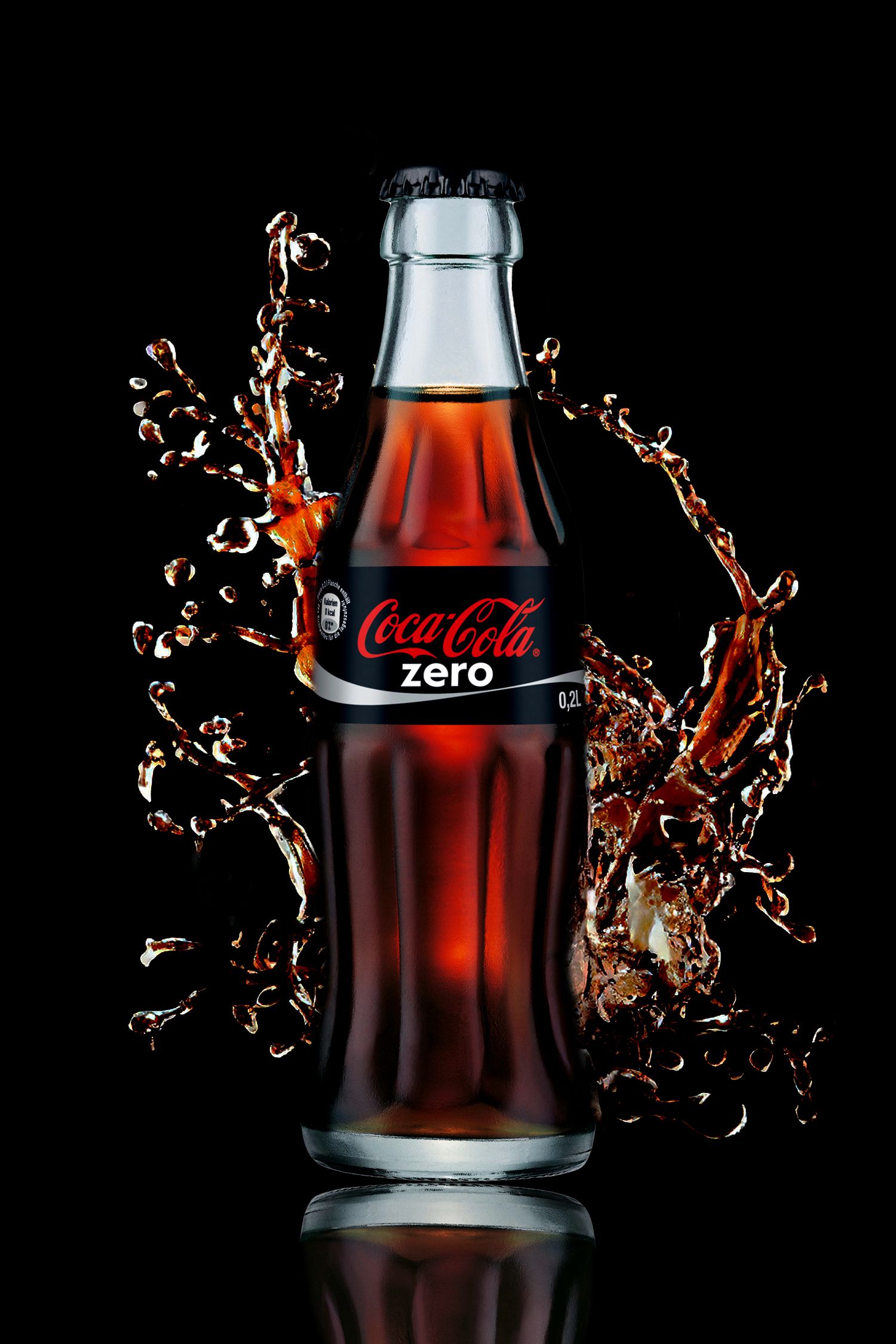 Sequence of dark product photos showing Coca-Cola bottles with dramatic liquid splashes against black backgrounds.