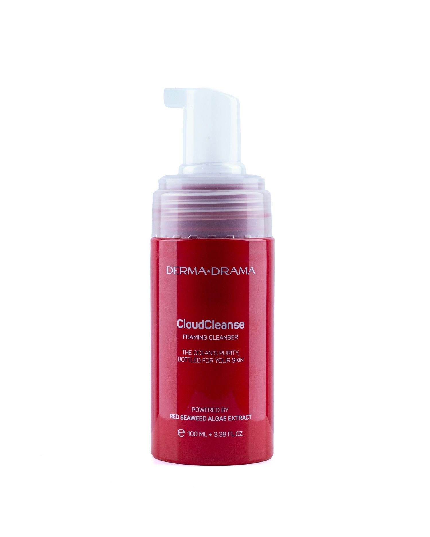 Derma Drama CloudCleanse foaming cleanser in red bottle with pump, powered by red seaweed algae extract, 100ml.