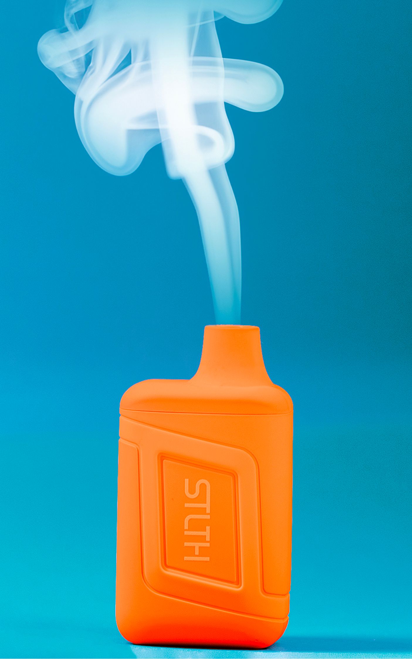 Wispy white smoke rises elegantly from an orange plastic bottle against a vibrant turquoise blue background.