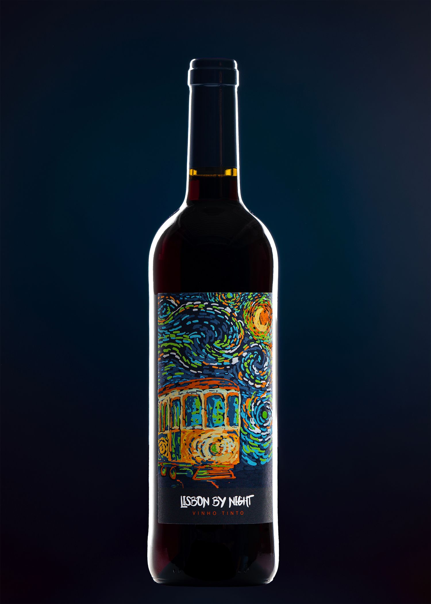 Dark glass bottles with artistic colorful labels showing against black background in dramatic lighting sequence.