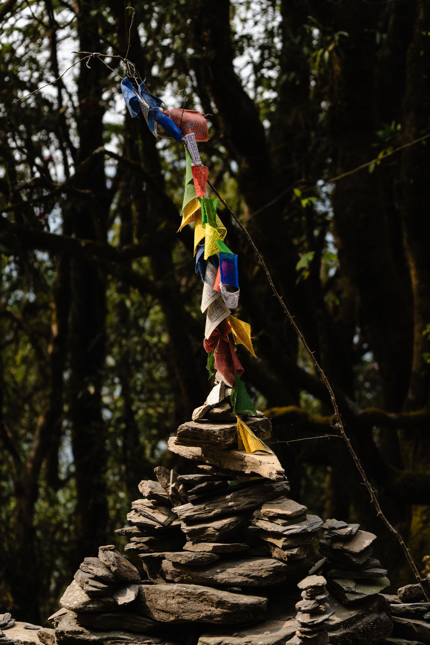 Stacked stones & prayer prayer flags.