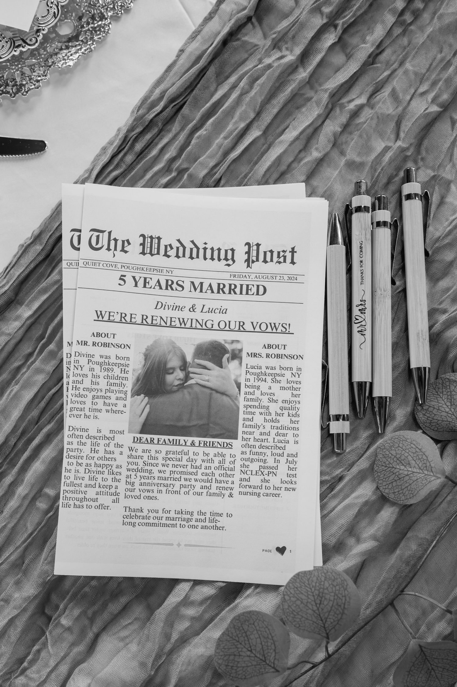 Black and white close-up of The Wedding Post vow renewal program showing 5 years married details.