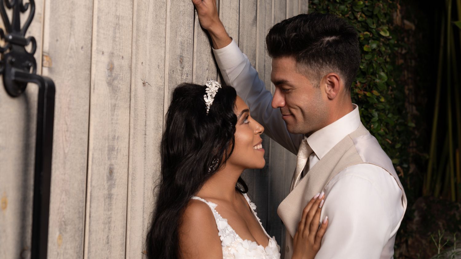 Bride and groom share intimate moments in a romantic wedding photo collage against a rustic wooden backdrop.