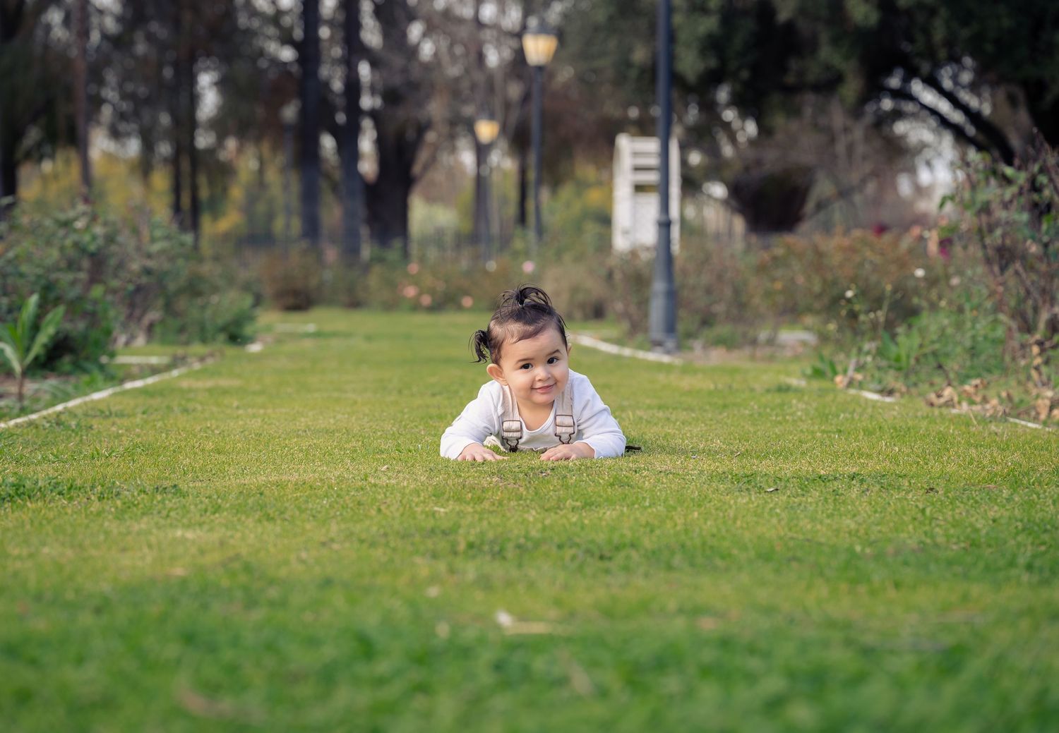 A series of panoramic shots showing someone lying on green grass in a park setting during a sunny day.