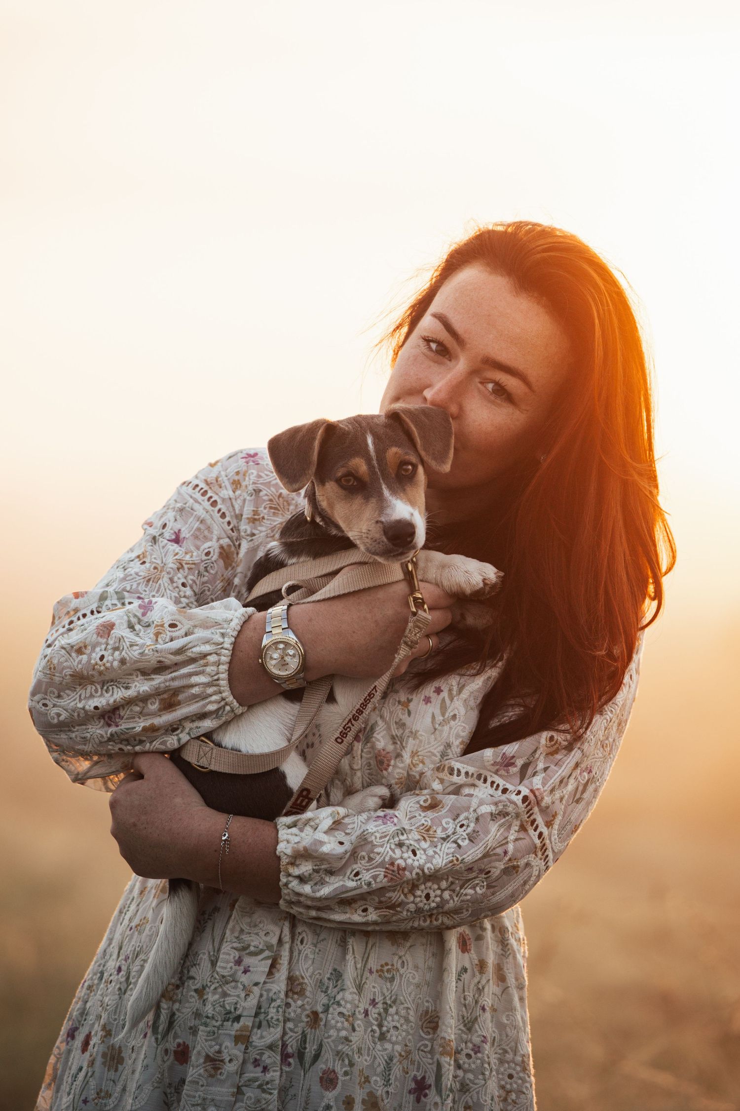 Person in floral dress holds and cuddles with small white and brown dog during golden sunset.