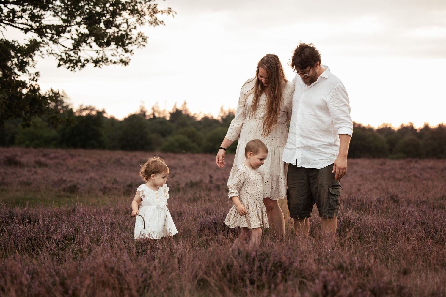 Family portrait session in a blooming heather field at dusk.