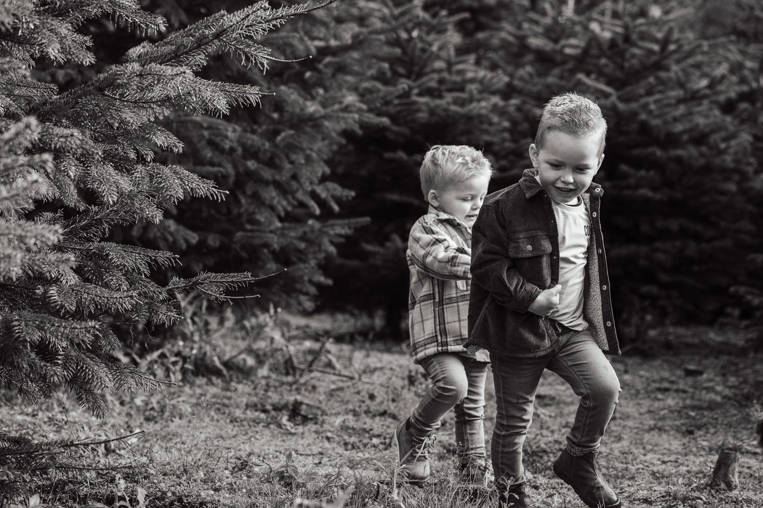 Two children standing together in black and white among evergreen trees.