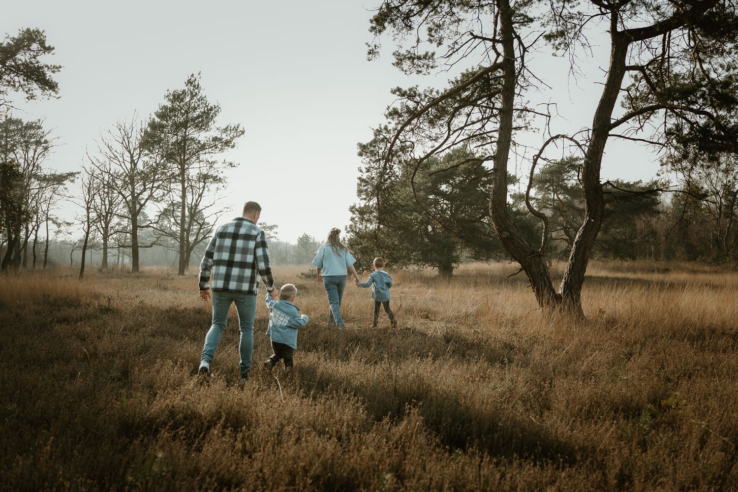 Family walking together through golden grass field with pine trees in background.