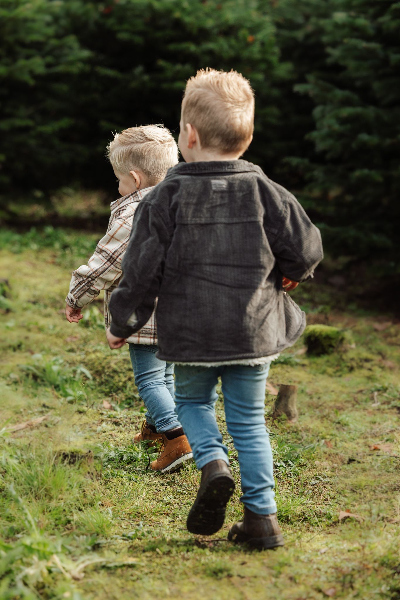 Back view of two children walking together through a forest path.