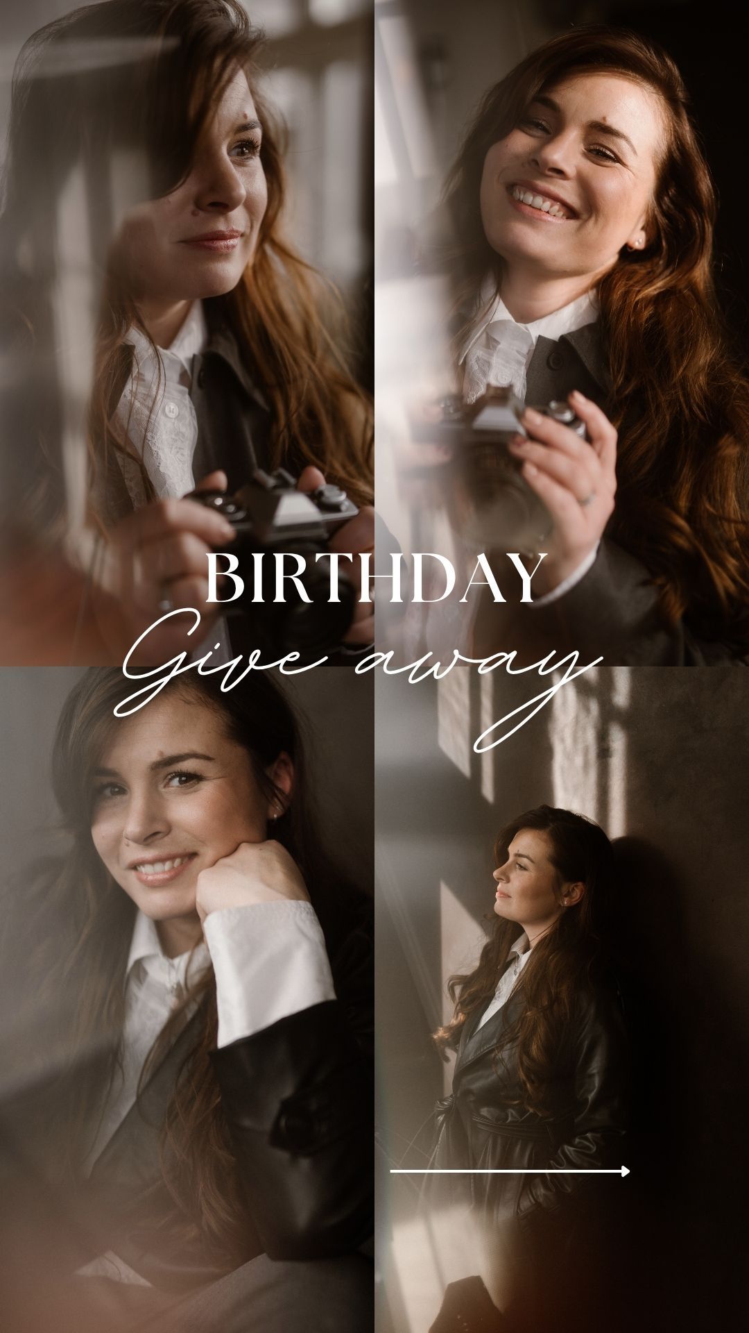 A birthday giveaway collage featuring a smiling brunette woman in a leather jacket holding a gift box in soft natural light.