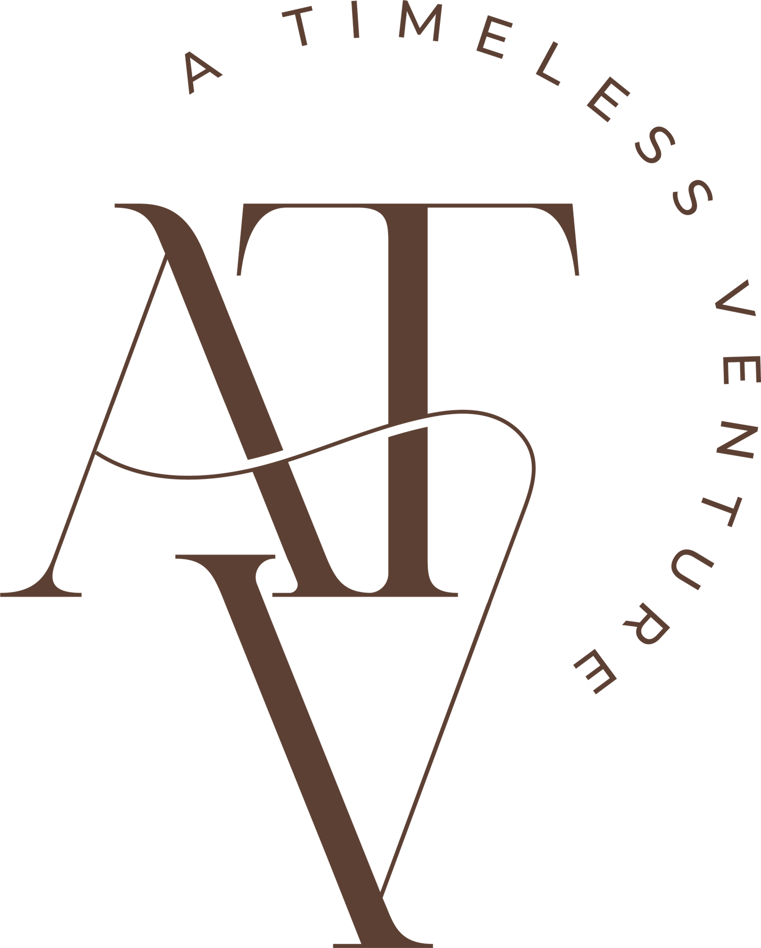 A minimalist brown logo design featuring the letters 'AT' arranged vertically with curved text reading 'A TIMELESS VENTURE'.