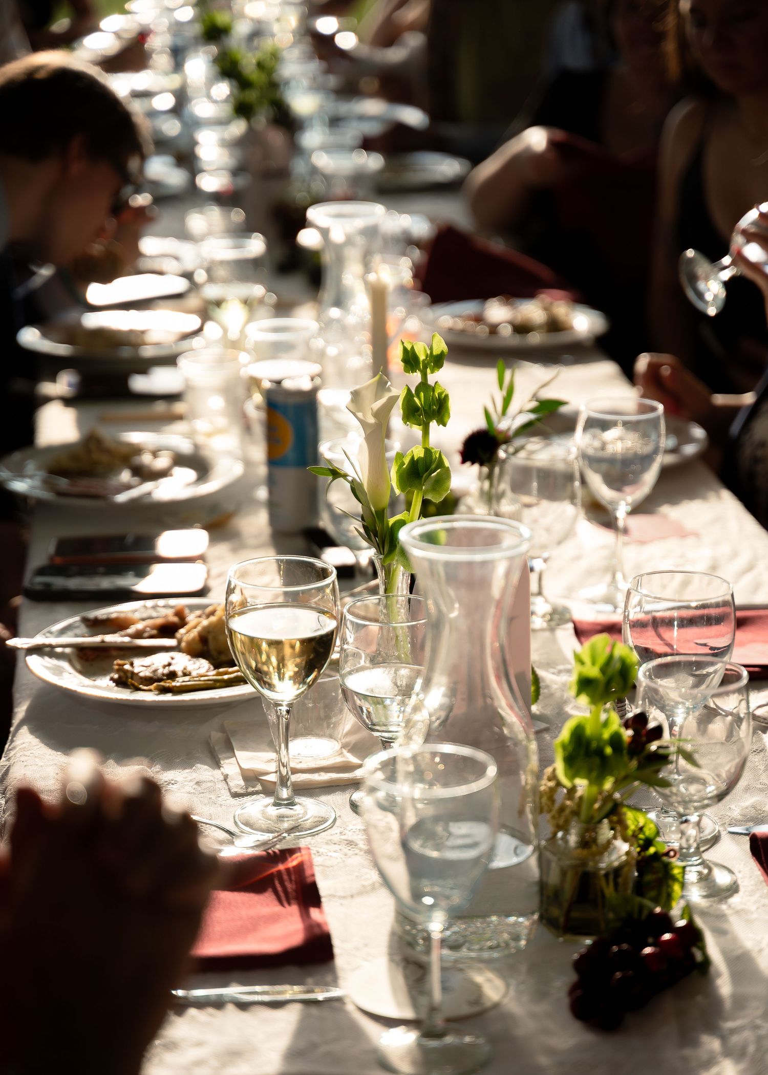 Elegant outdoor dinner party with long table set with wine glasses, floral centerpieces, and guests dining in warm sunlight.