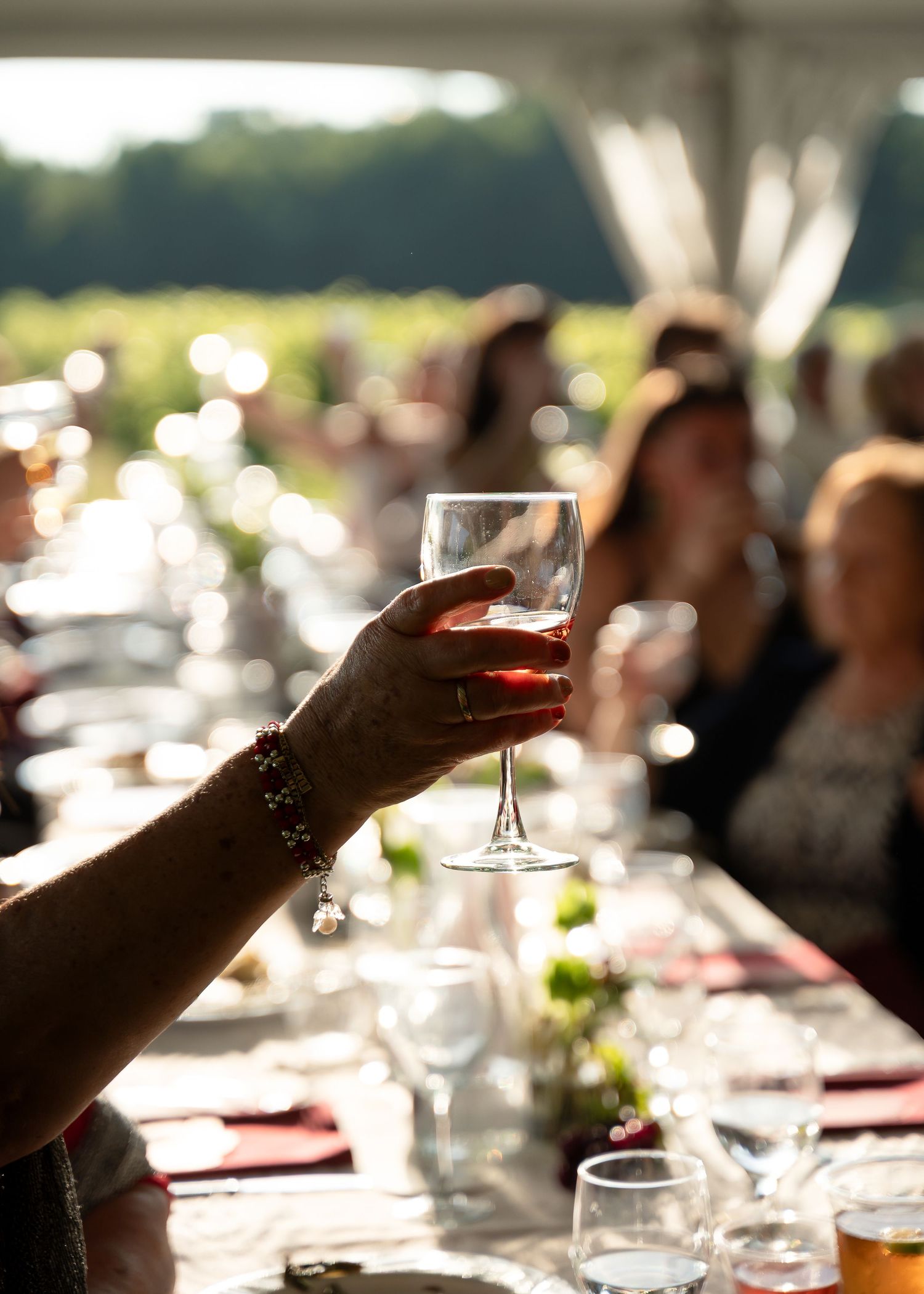 A hand raises a glass of red wine at an elegant outdoor dinner party under a tent with guests in background.