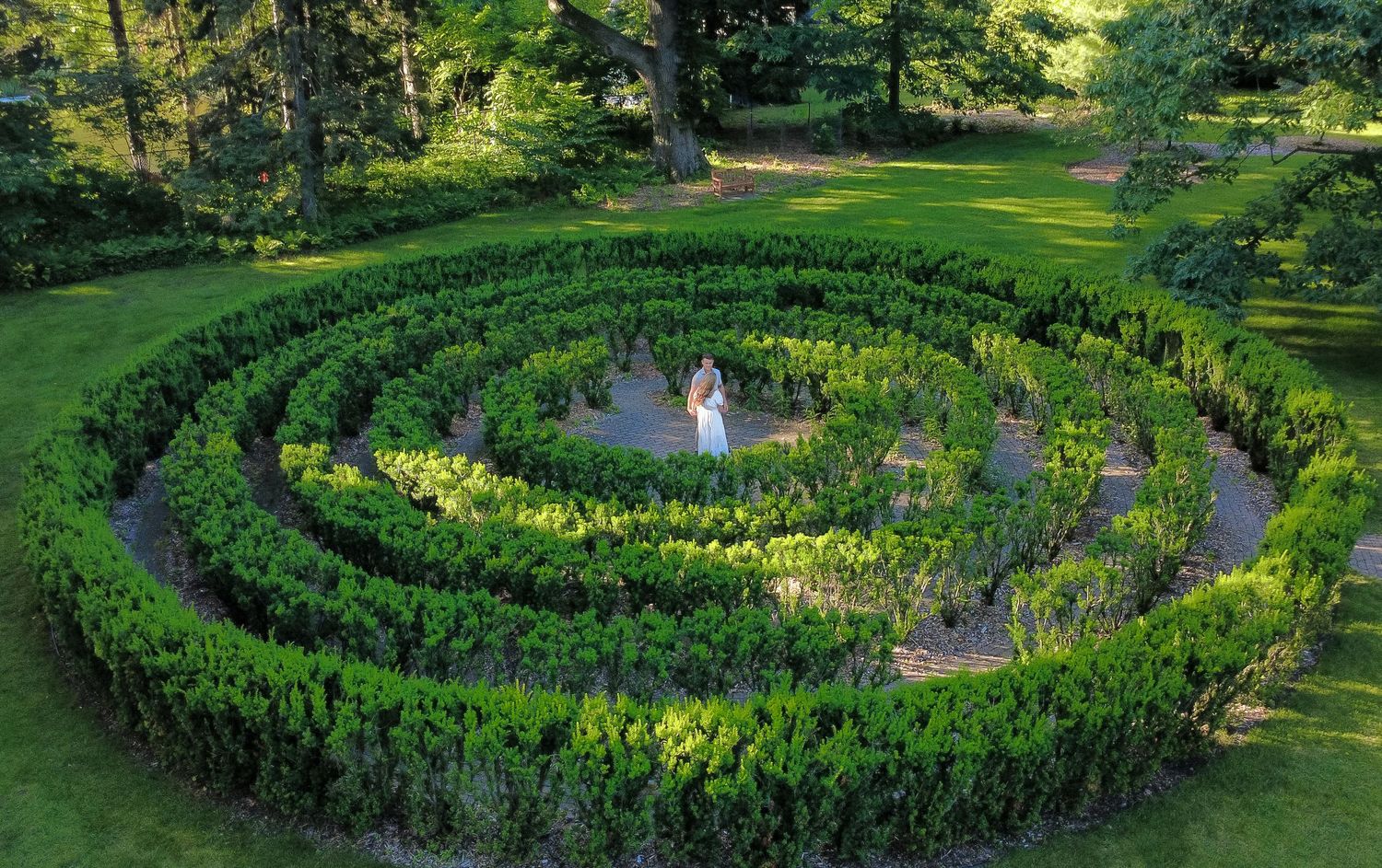 Aerial view of a lush green circular hedge maze with a person standing at the center, surrounded by trees.