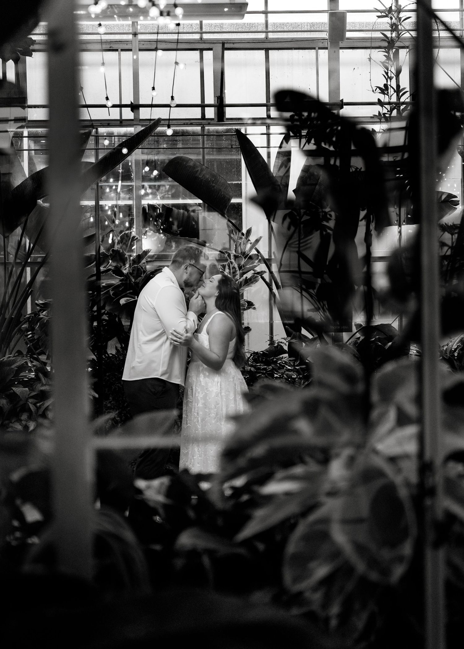 Black and white silhouette of a couple embracing in a greenhouse with plants visible through window panes.