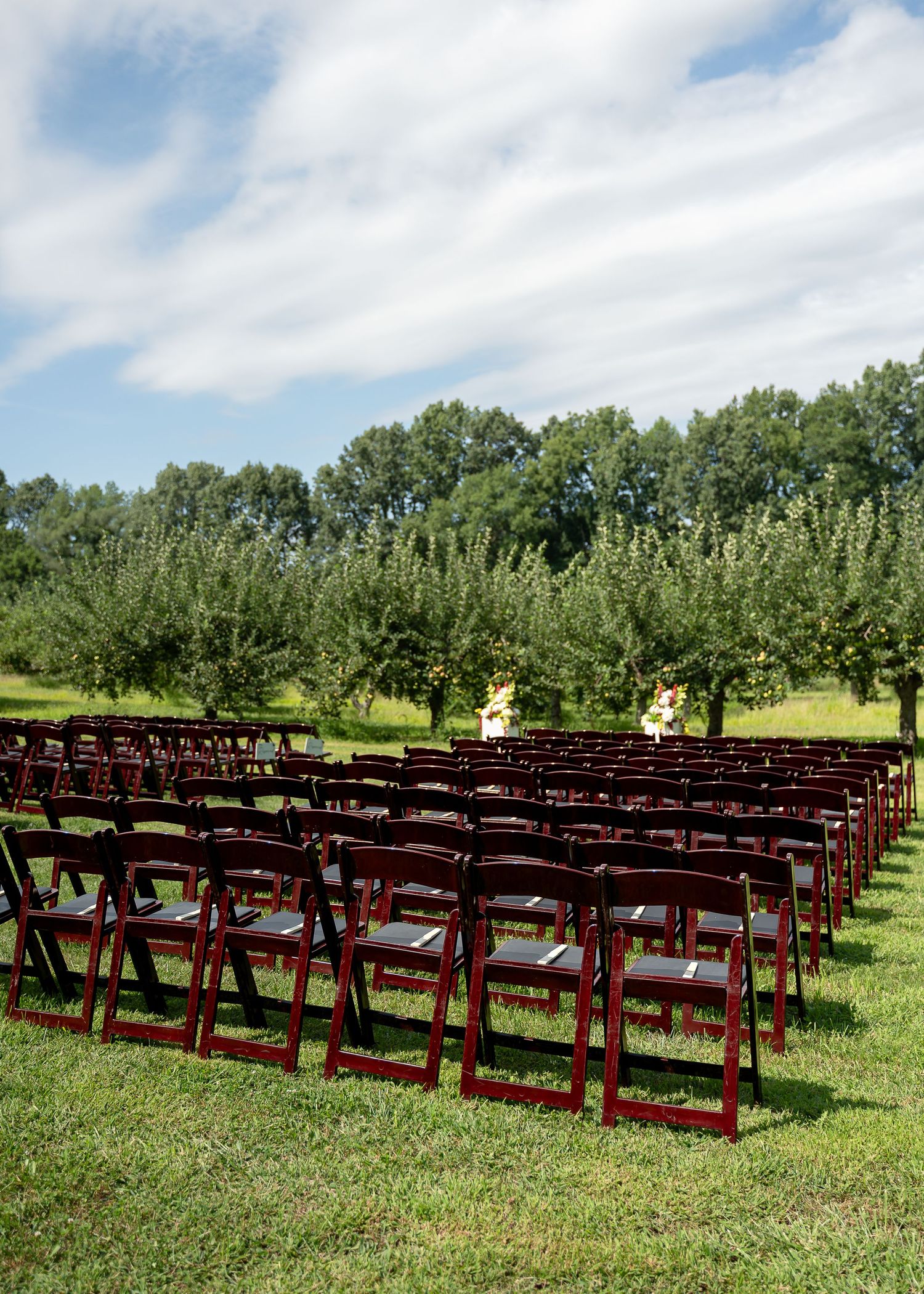 Rows of dark red folding chairs set up outdoors on green grass for a wedding ceremony with lush trees in the background.
