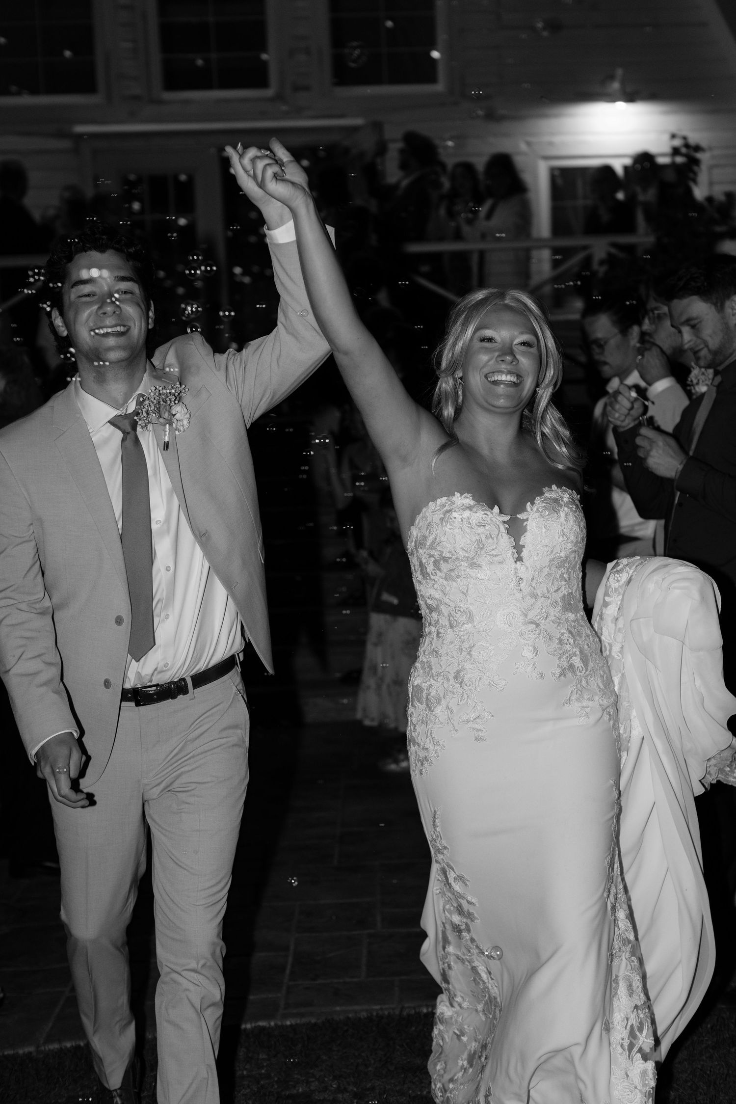 Black and white photos of wedding reception dancing and celebrations.