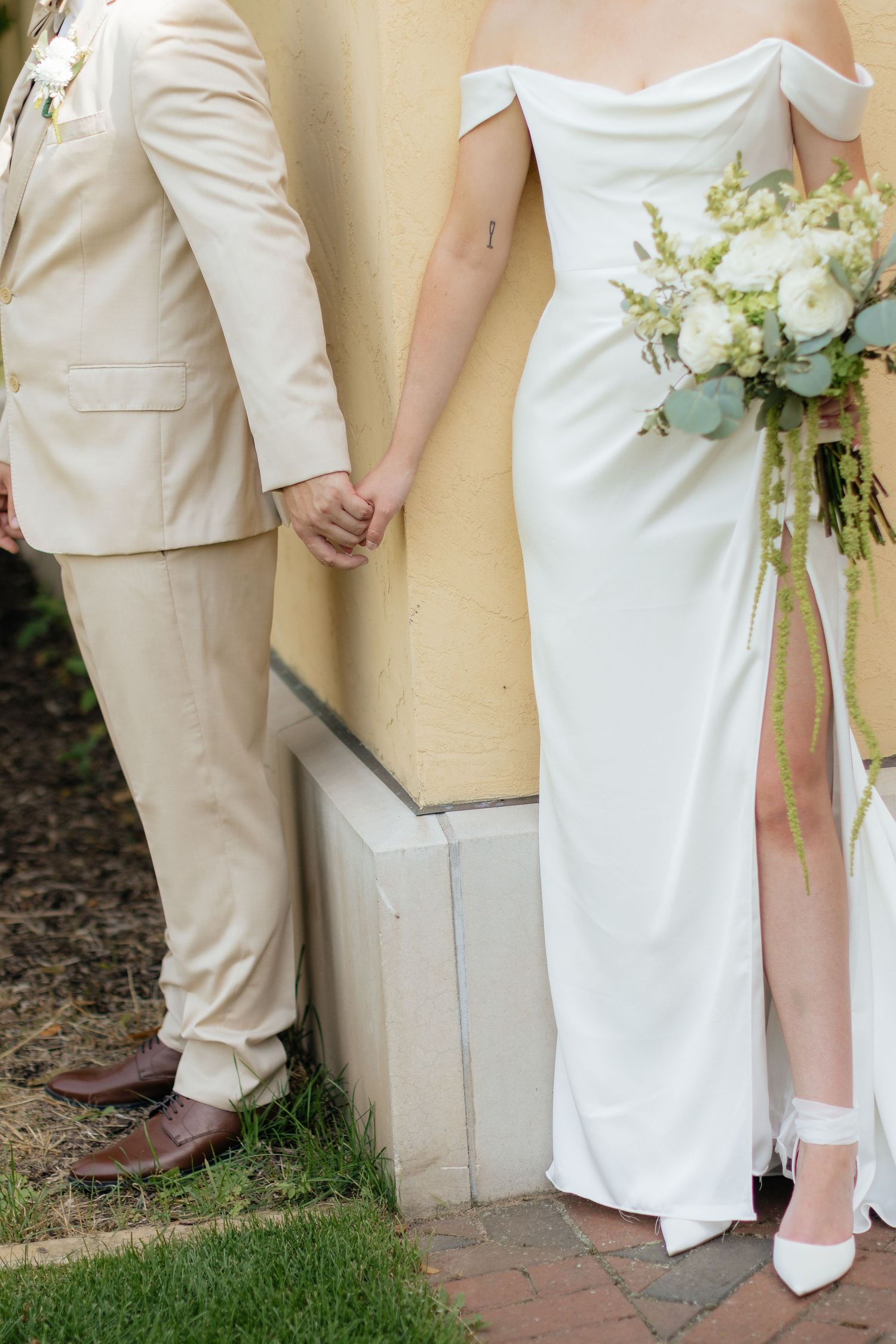 Detail shots of bride in white dress and groom in beige suit standing together outdoors.