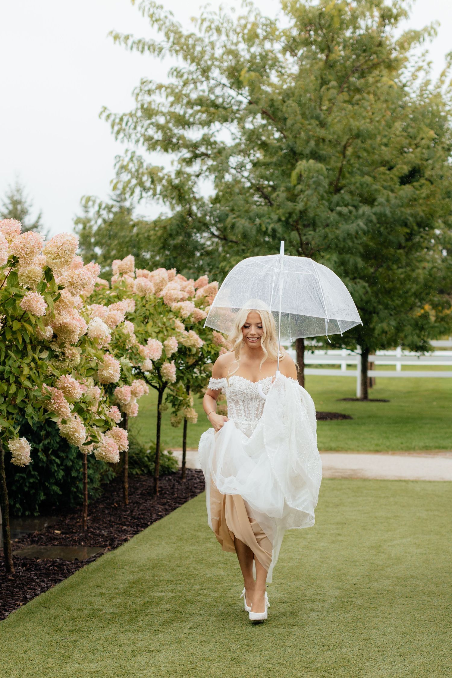 A bride in a white dress twirls playfully with a clear umbrella on a lush green lawn near blooming hydrangeas.