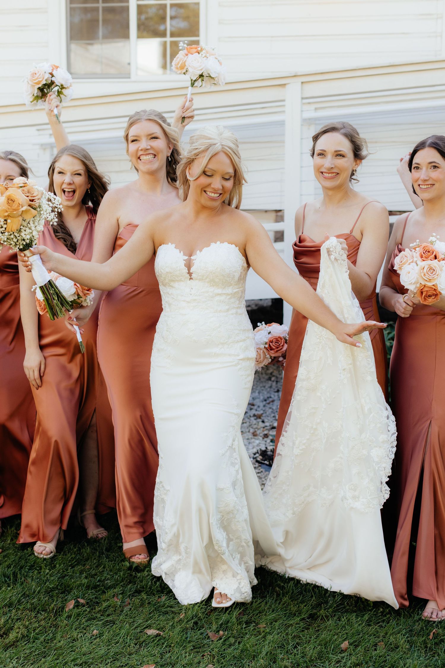 Candid moments of wedding party in rust-colored dresses celebrating outdoors.