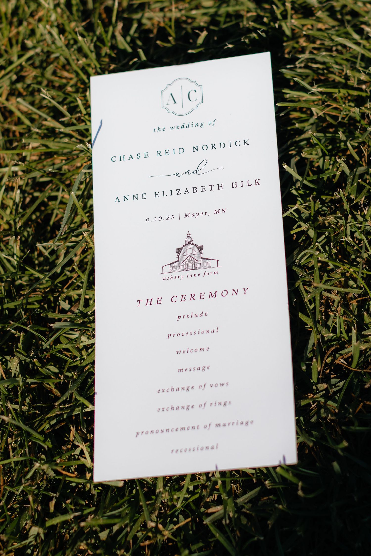Wedding ceremony program printed on white paper with elegant typography and barn illustration.