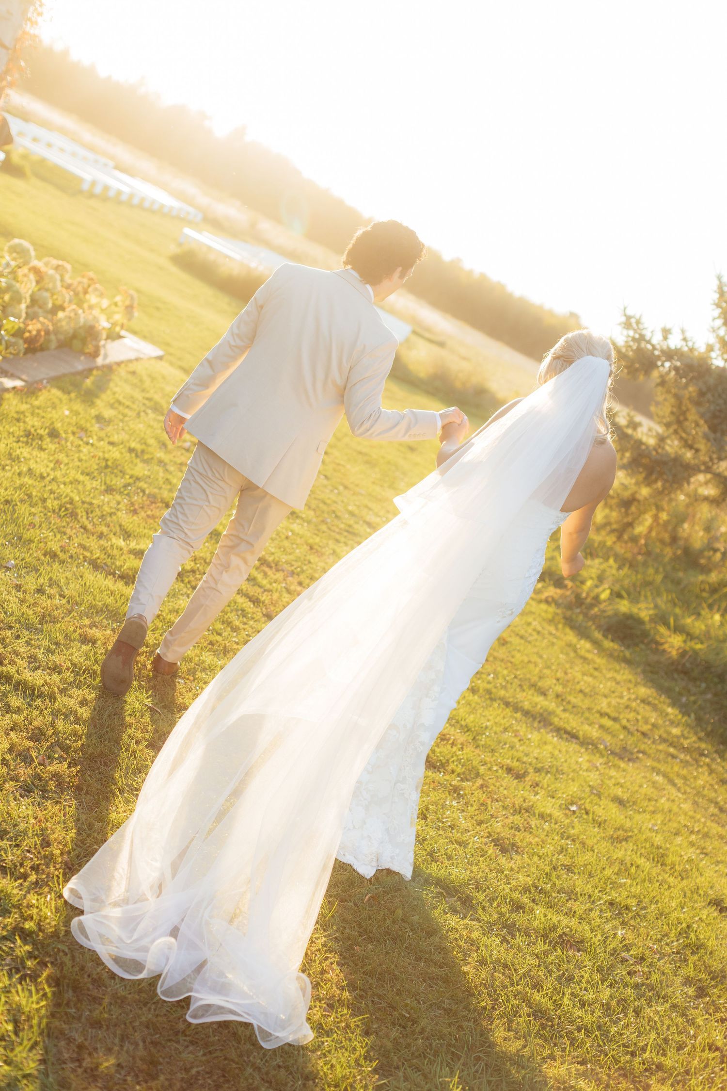 Wedding couple photographed from behind walking in sunlit grassy field.