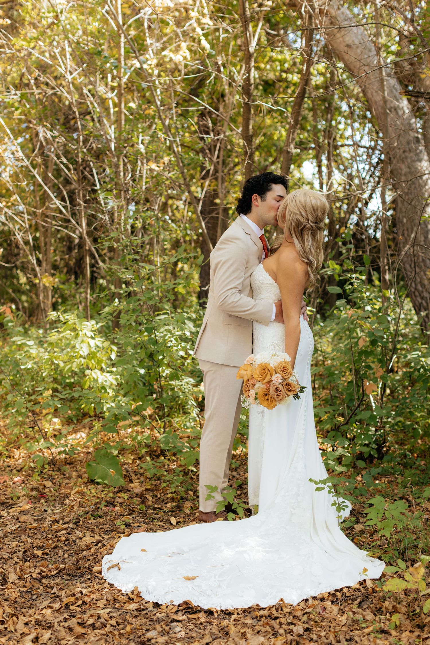 A romantic wedding photo sequence showing a couple in white and beige embracing in a wooded outdoor setting.