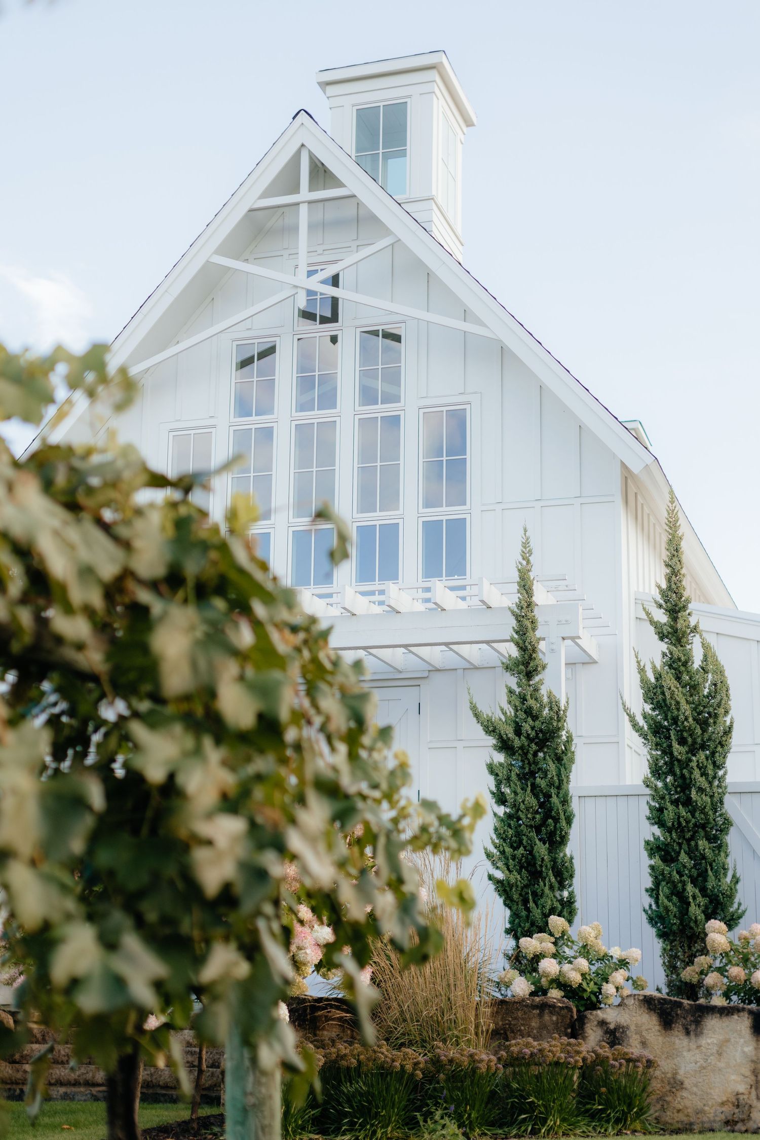 Modern white chapel with large windows and cypress trees in the landscaping.