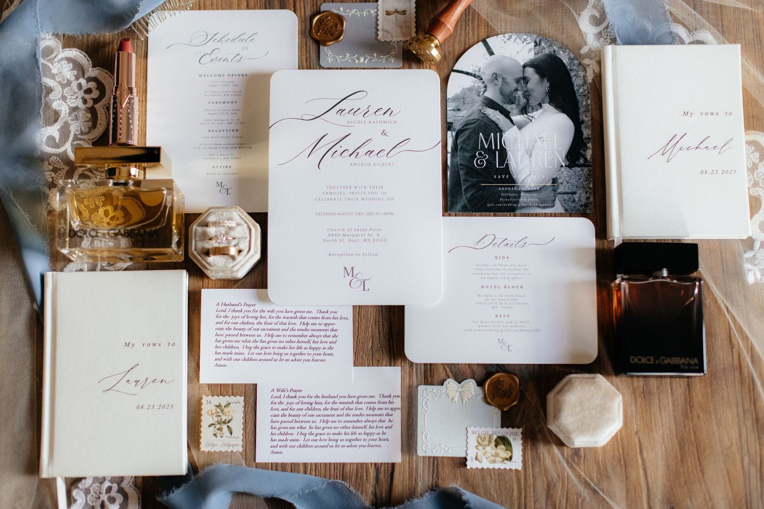 Flat lay of wedding invitation collection with classic typography and elegant styling.