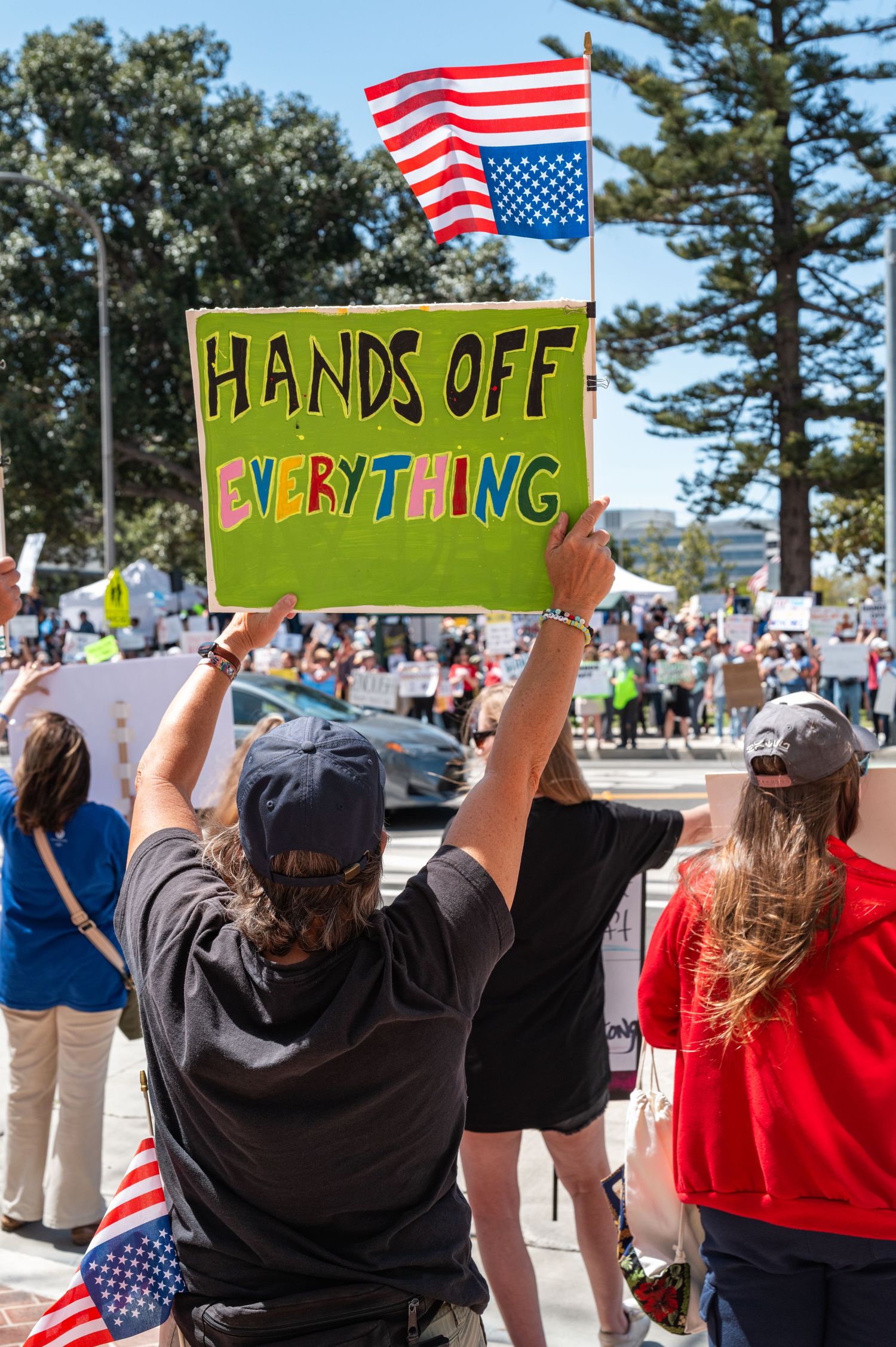 Demonstrators raising protest signs with American flags visible in outdoor gathering.