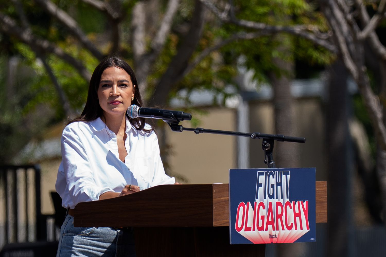 A speaker stands at a podium during an outdoor rally with protest signs visible.