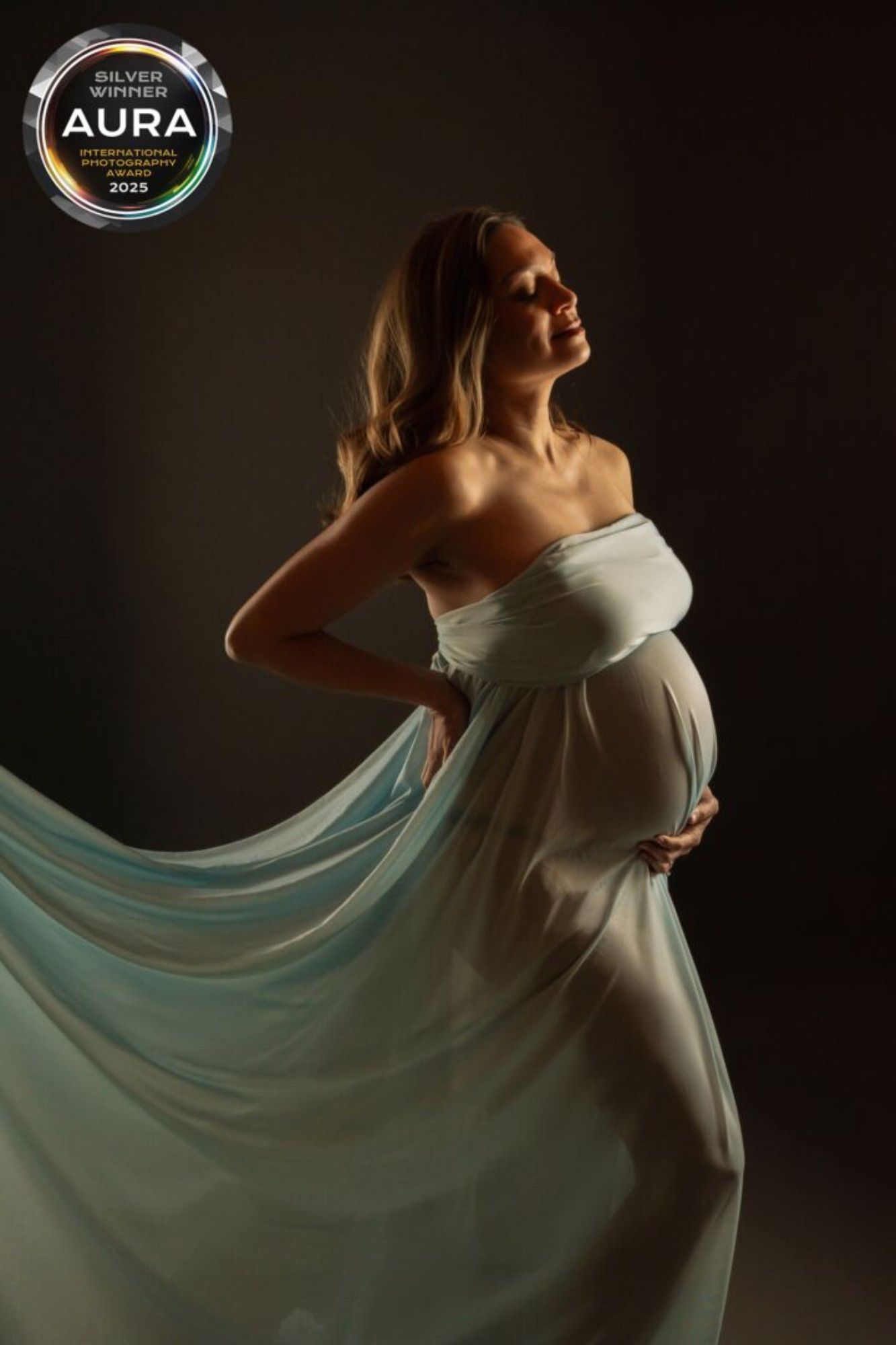 Award-winning maternity photo of pregnant woman in flowing white gown, dramatically lit against dark background.