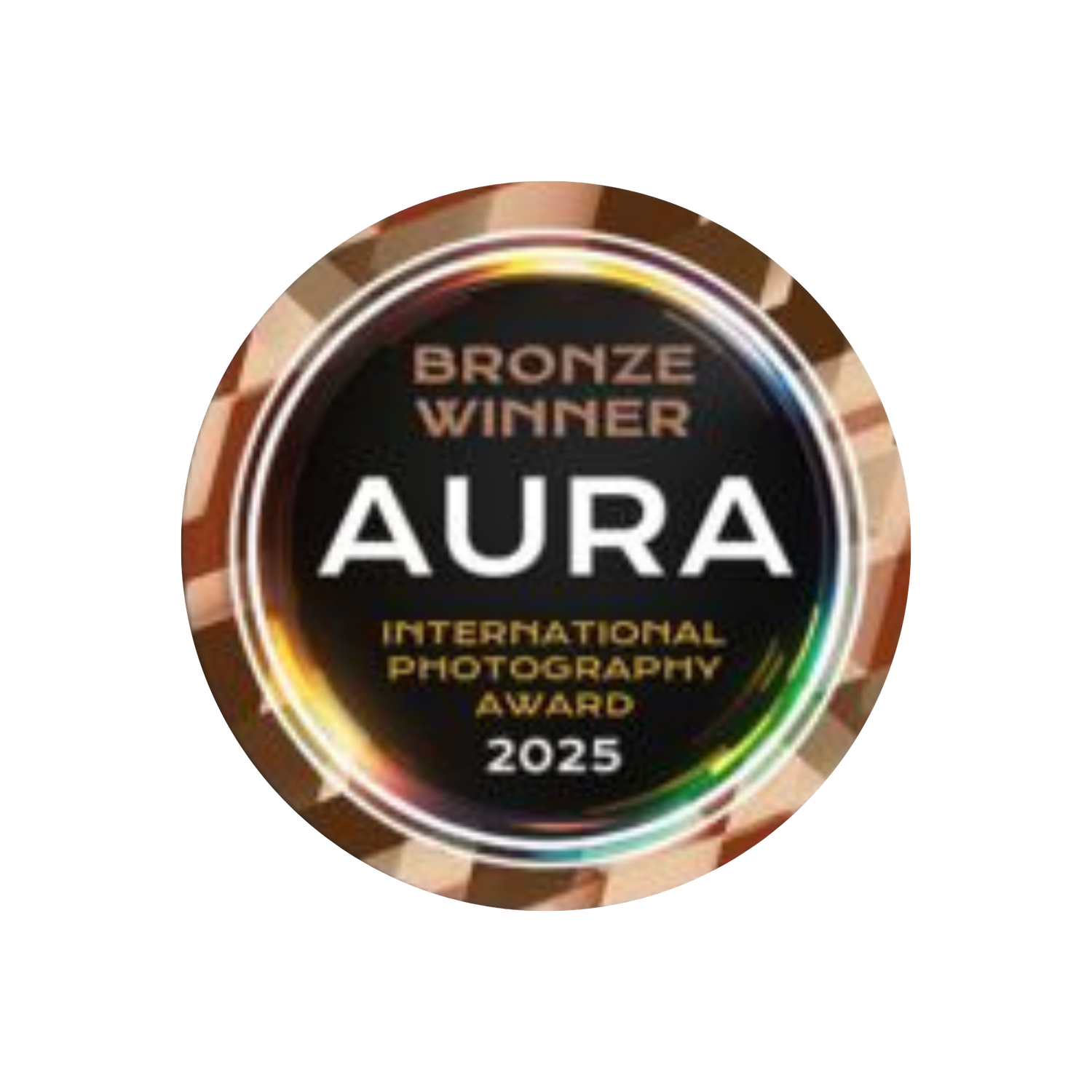 Bronze Winner badge for the AURA International Photography Award 2025, featuring a metallic circular design.