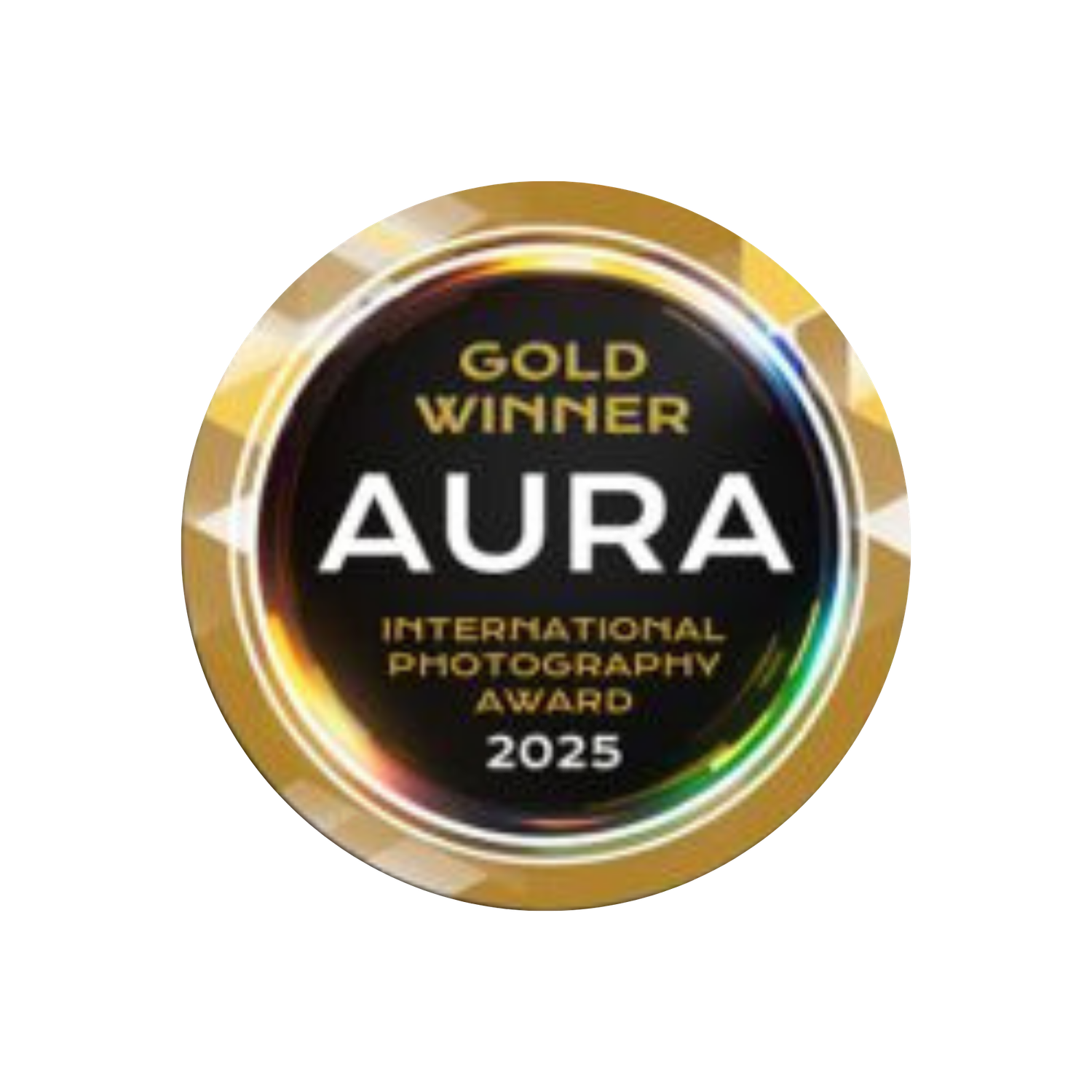 Gold Winner AURA International Photography Award 2025 badge with black center and gold border.