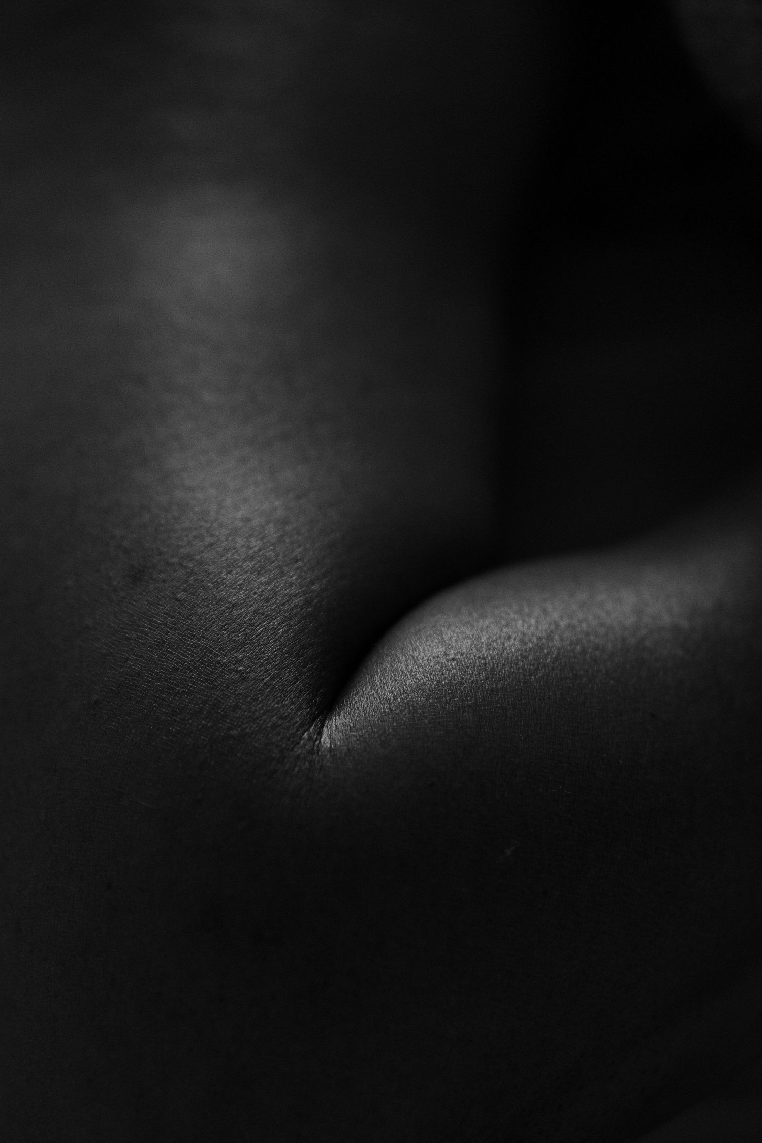 Close-up black and white abstract photograph of human skin texture with dramatic shadows and lighting.