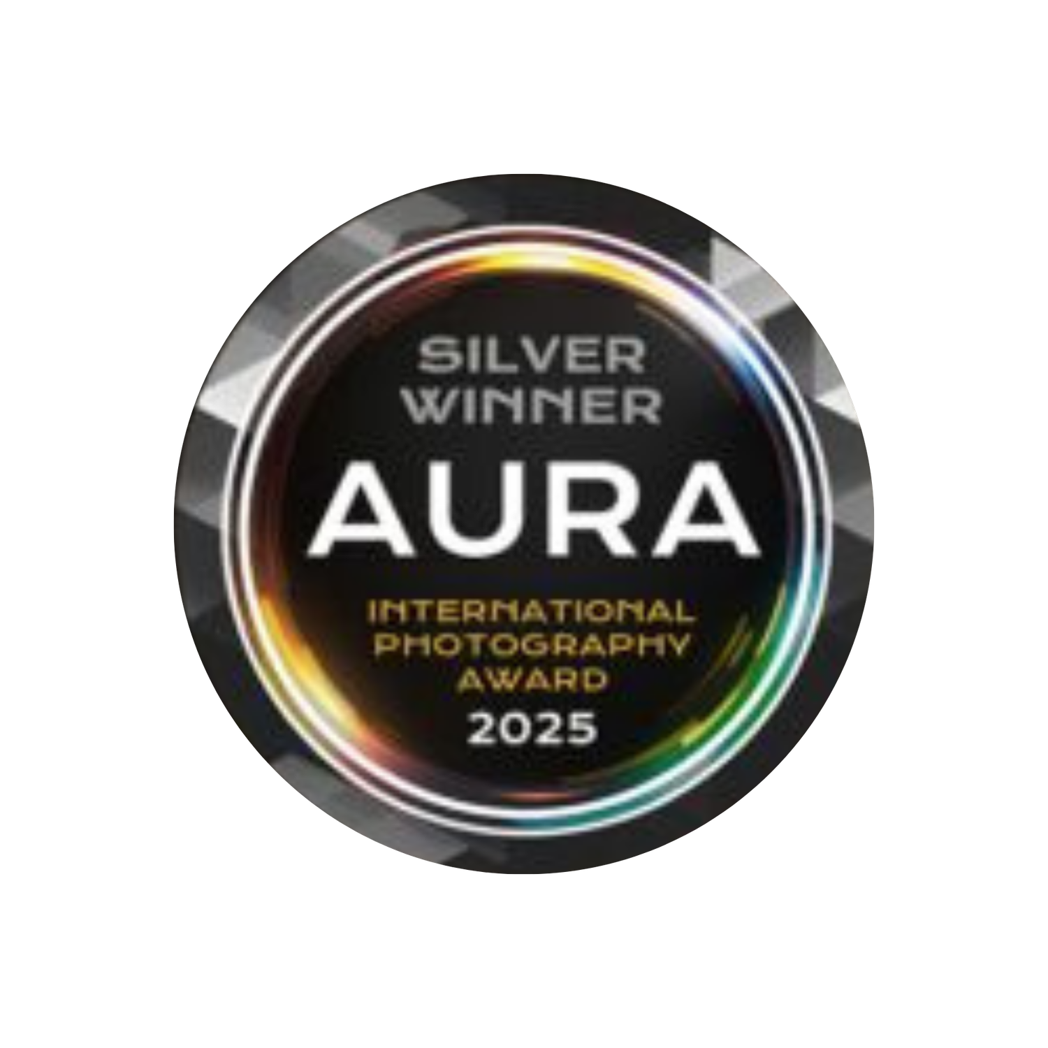 Silver Winner AURA International Photography Award 2025 badge with holographic rainbow border on dark background.