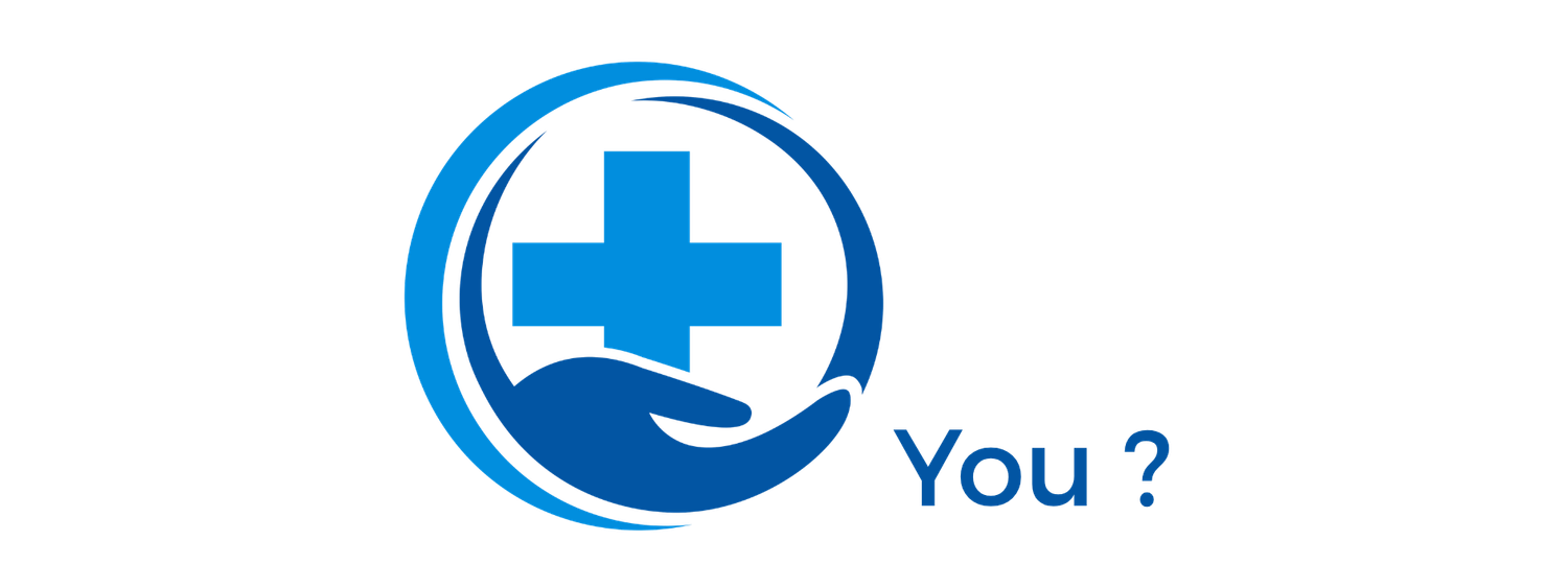Blue medical cross with caring hands logo and 'You?' text, representing personalized healthcare support services.
