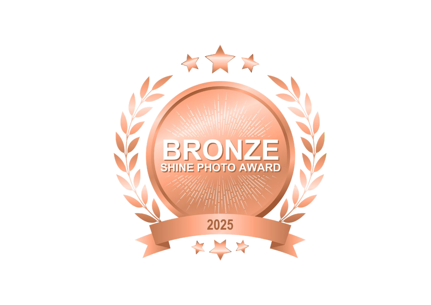 Bronze Shine Photo Award 2025 medal with laurel wreath, stars, and ribbon on white background.