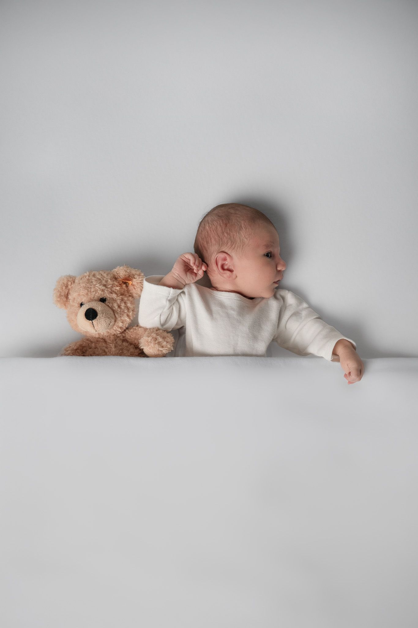 Ein Neugeborenes liegt zusammen mit einem Teddybär unter einer Decke und schaut hervor. Schöne helle Farben.