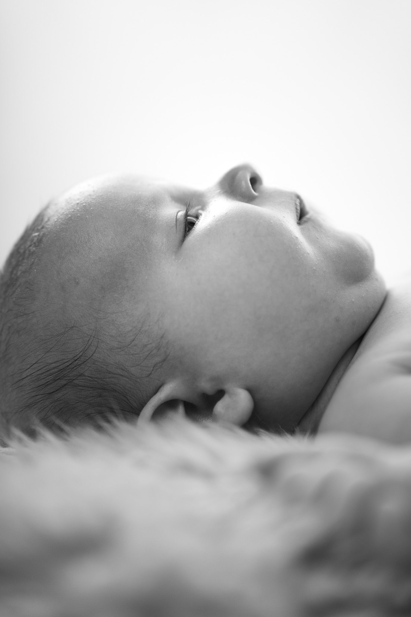 Ein Neugeborenes liegt auf dem Rücken auf einem Fell und schaut an die Decke. Das Licht umspielt sein Gesicht. Schwarz-Weiß-Portrait.