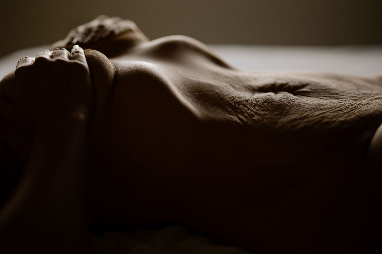 Black and white artistic body photography showing feminine torso curves with dramatic low-key lighting.
